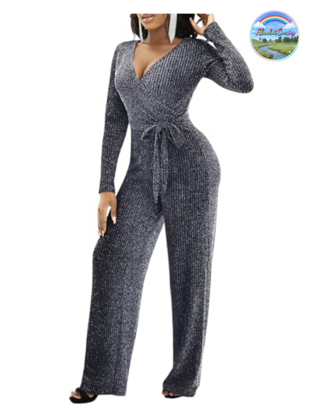 Sequin V-Neck Long Sleeve Jumpsuit Belted Party Club Romper